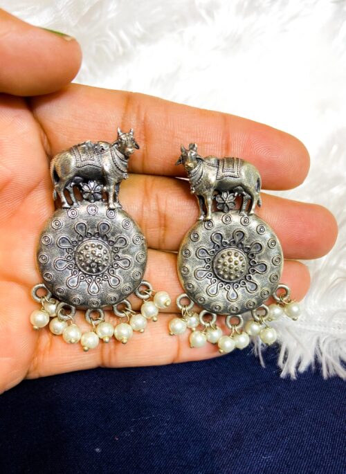 Brass Earring Cow and coin with white pearls
