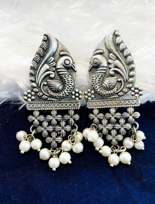 Brass Earring Peacock with white pearl studs - Image 2