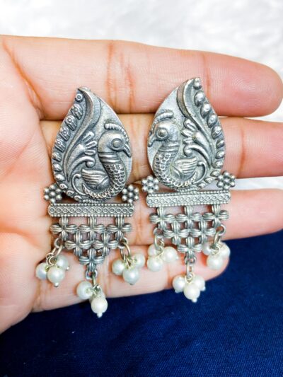 Brass Earring Peacock with white pearl studs