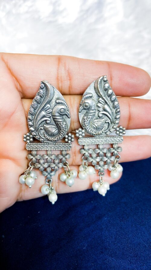 Brass Earring Peacock with white pearl studs