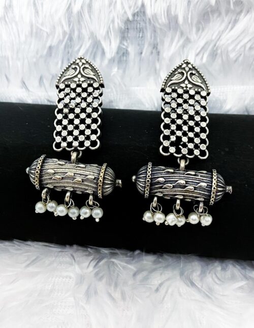 Brass Earring Long Jhalar with white pearls - Image 2