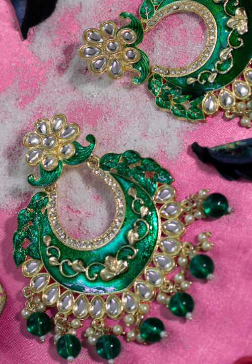 Green Enamel & Kundan Jhumka Earrings