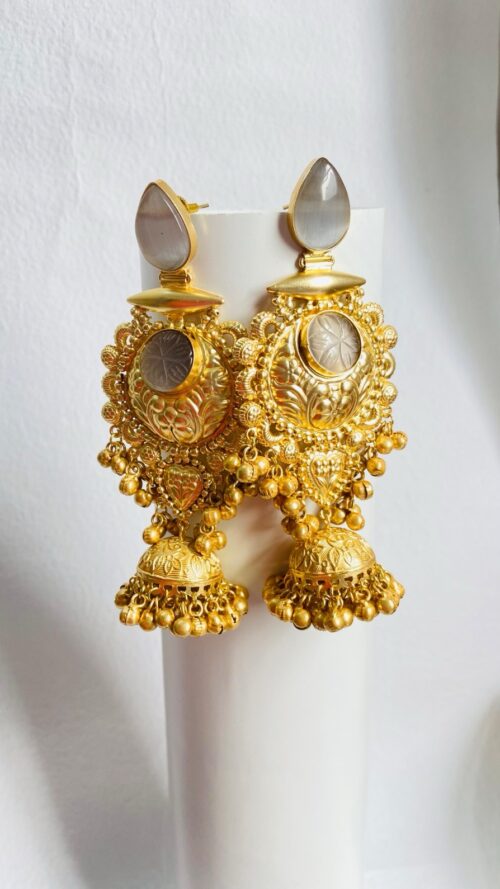 Timeless gold-plated jhumka earrings with intricate detailing and a regal touch. - Image 5