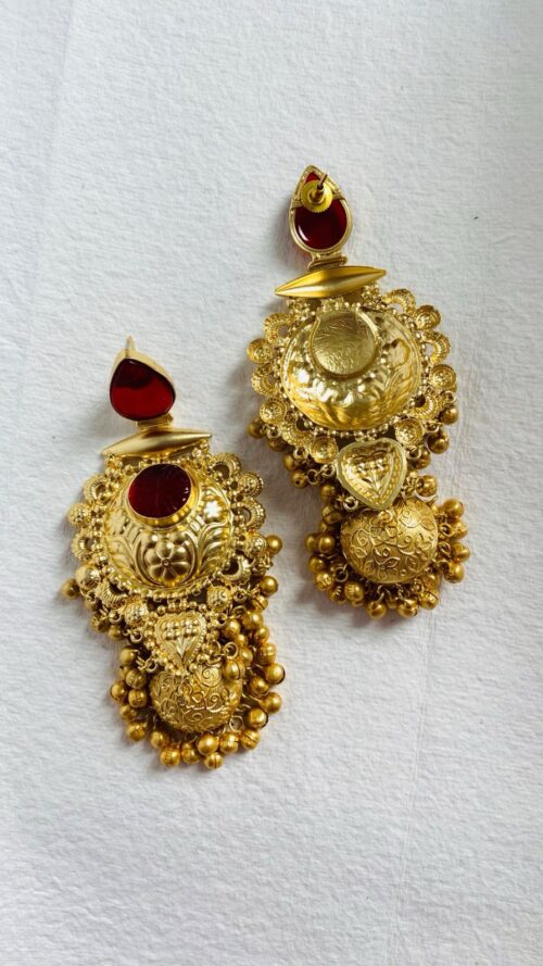 Timeless gold-plated red jhumka earrings with intricate detailing and a regal touch. - Image 4